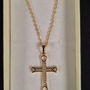 Gold Cross Pendant Necklace with Crystal Accents